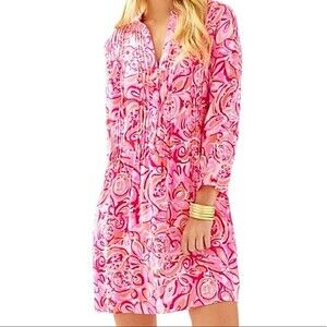 Lilly Pulitzer Sarasota Pintucked Tunic Dress Shift Mini Mango Salsa Printed XS